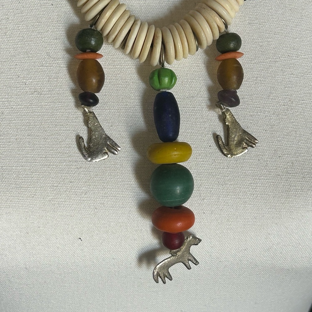 Vintage Antique Multicolor African Trade Beads Silver Animal Charms Necklace - Picture 2 of 6